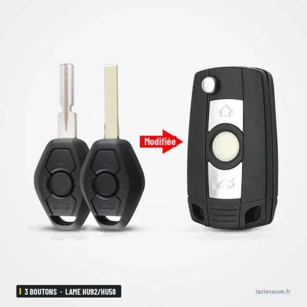 Coque de clé pliante 3 boutons pour BMW Série 1, 3, 5, 7, lame HU92/HU58 - comparaison clé droite et clé transformée
