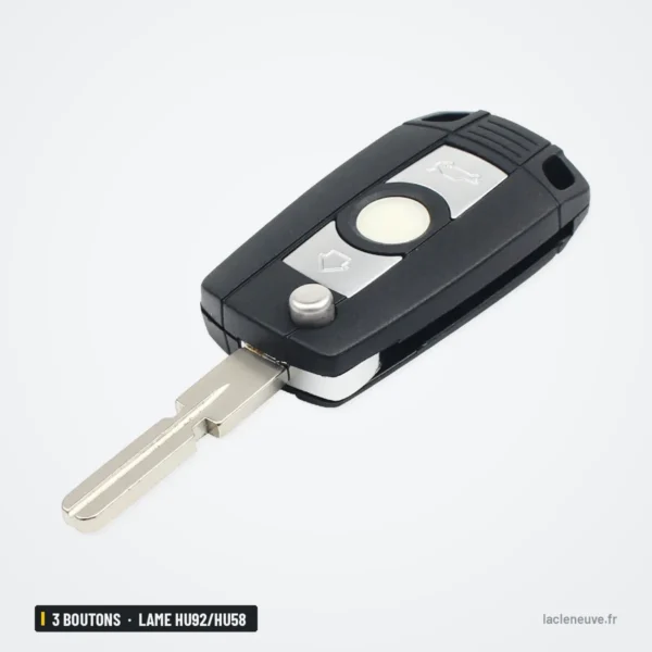 Coque de clé pliante 3 boutons pour BMW Série 1, 3, 5, 7, lame HU92/HU58 - vue de profil, lame dépliée, autre angle