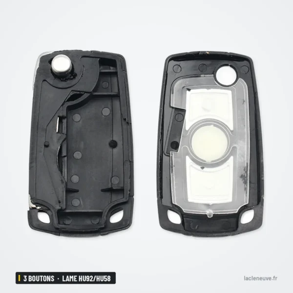 Coque de clé pliante 3 boutons pour BMW Série 1, 3, 5, 7, lame HU92/HU58 - coque ouverte, intérieur du boîtier