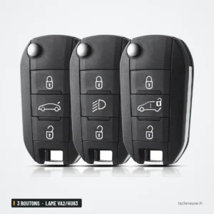 Coque de clé pliante 3 boutons pour Citroën C3, C4, Peugeot 308 - trois coques côte à côte, boutons vus de face