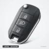 Coque de clé pliante 3 boutons pour Citroën C3, C4, Peugeot 308, lame VA2/HU83 - vue de trois quarts, trois boutons visibles