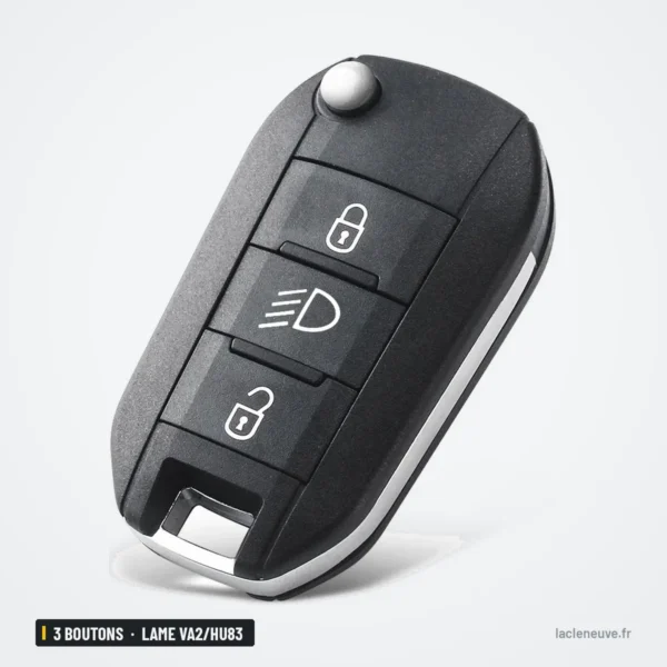 Coque de clé pliante 3 boutons pour Citroën C3, C4, Peugeot 308, lame VA2/HU83 - vue de trois quarts, trois boutons visibles