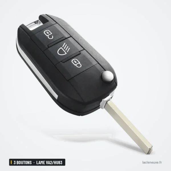 Coque de clé pliante 3 boutons pour Citroën C3, C4, Peugeot 308 - vue de trois quarts, lame repliée sur le côté