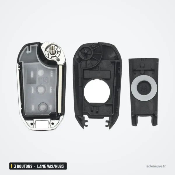 Coque de clé pliante 3 boutons pour Citroën C3, C4, Peugeot 308 - coque démontée en trois pièces avec bouton rond