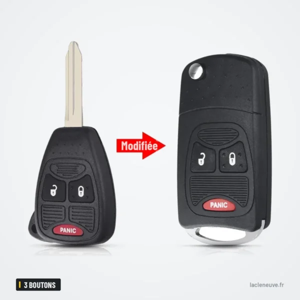 Coque de clé pliante 3 boutons pour Dodge Ram, Chrysler PT Cruiser, Caravan - comparaison avant et après transformation