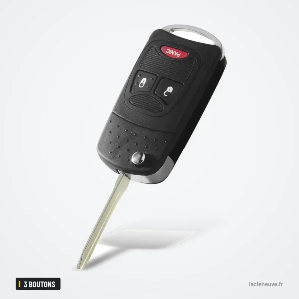 Coque de clé pliante 3 boutons pour Dodge Ram, Chrysler PT Cruiser, Caravan - lame déployée et bouton panique visibles