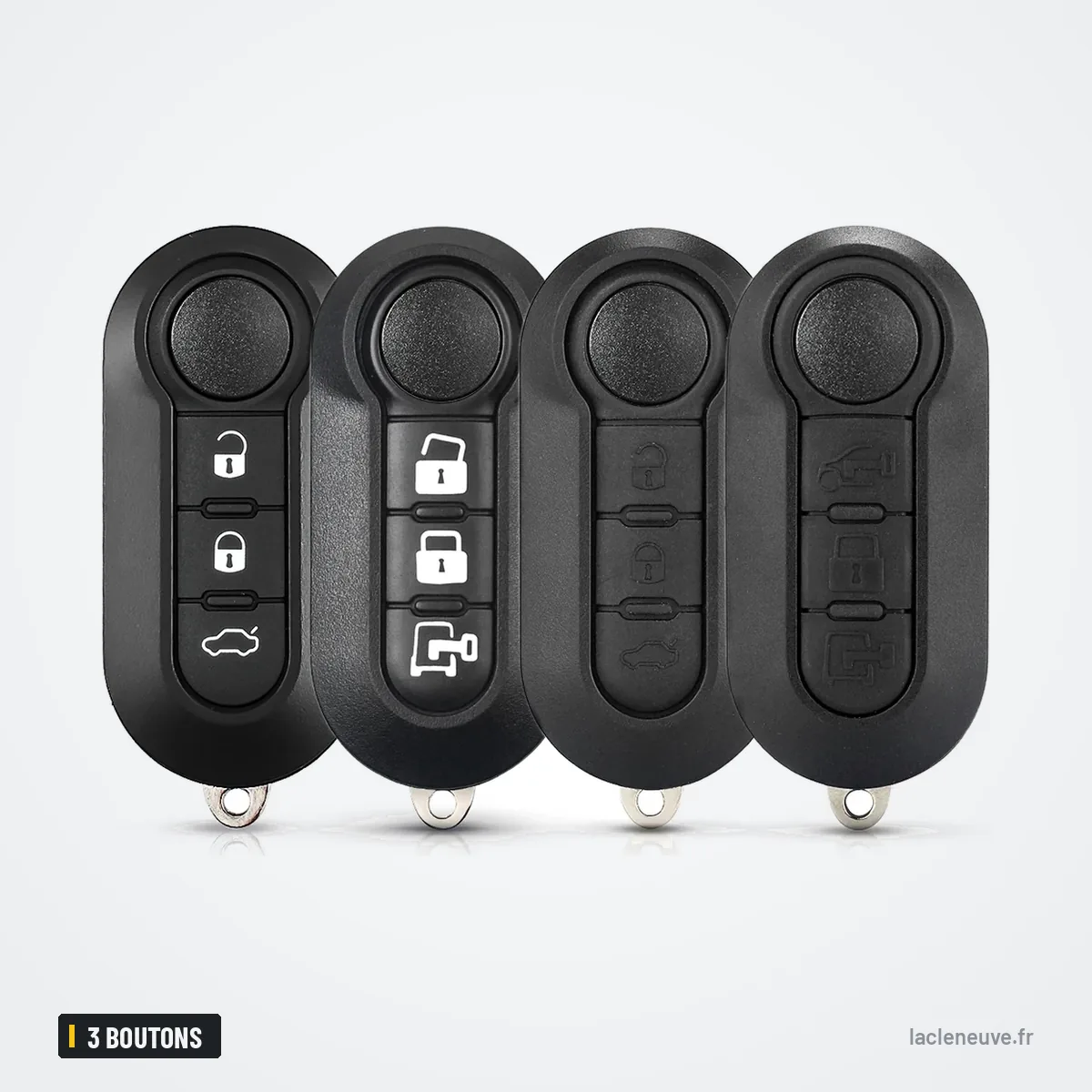 Coque de clé pliante 3 boutons pour Fiat, Citroën, Peugeot, Lancia - quatre versions alignées selon le nombre de boutons