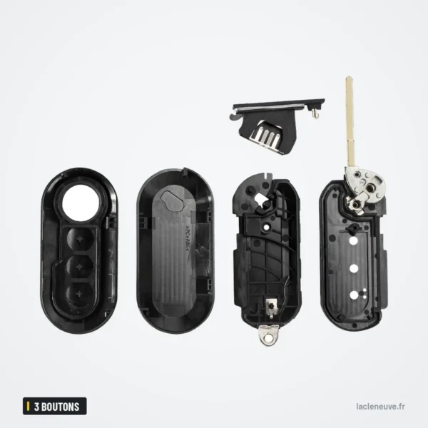 Coque de clé pliante 3 boutons pour Fiat, Citroën, Peugeot, Lancia - coque démontée en plusieurs pièces