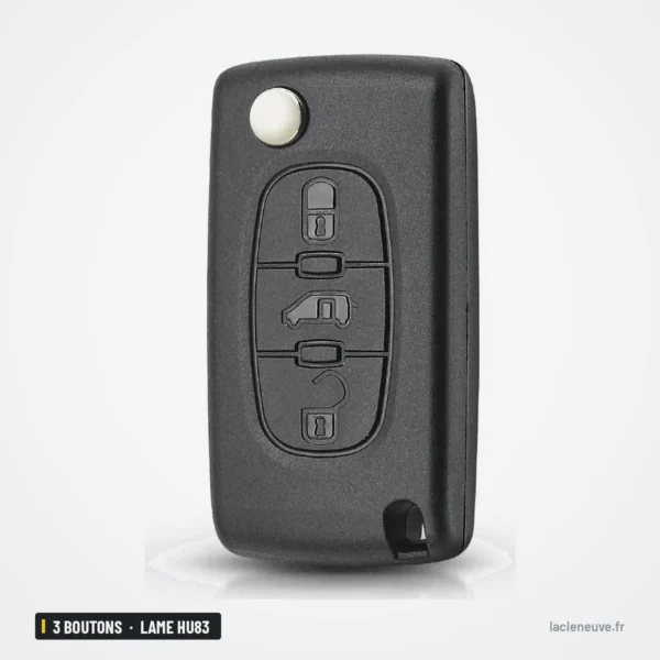 Coque de clé pliante 3 boutons pour Fiat Scudo, lame HU83 ou VA2 - vue de trois quarts, clé pliée fermée