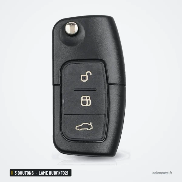Coque de clé pliante 3 boutons pour Ford Fiesta, Focus, C-Max, lame HU101/FO21 - vue de face, lame rentrée