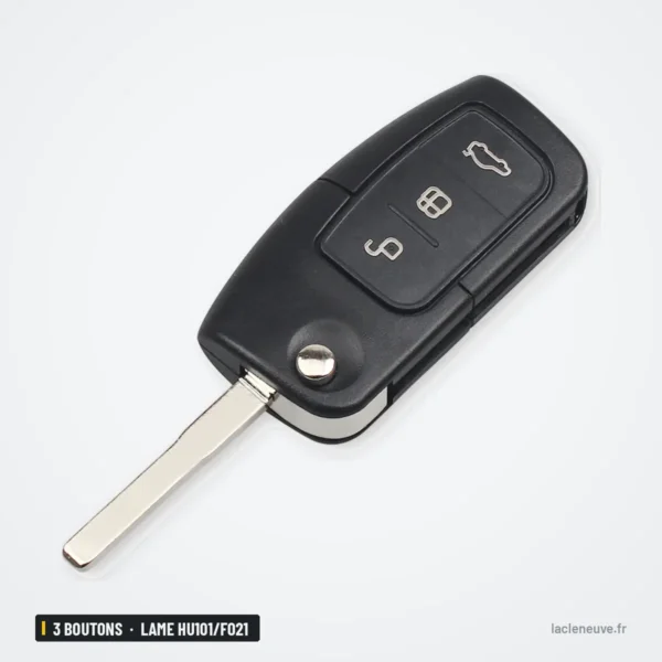 Coque de clé pliante 3 boutons pour Ford Fiesta, Focus, C-Max, lame HU101/FO21 - lame dépliée, vue de face