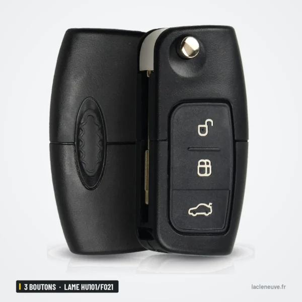Coque de clé pliante 3 boutons pour Ford Fiesta, Focus, C-Max, lame HU101/FO21 - deux coques comparées, une lame dépliée