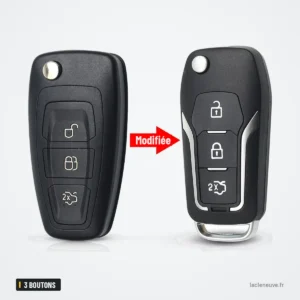 Coque de clé pliante 3 boutons pour Ford Focus 3, Fiesta, Mondeo, C-Max - comparaison avant et après transformation Coque de clé pliante 3 boutons pour Ford Focus 3, Fiesta, Mondeo, C-Max - comparaison avant et après transformation