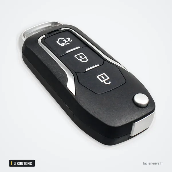 Coque de clé pliante 3 boutons pour Ford Focus 3, Fiesta, Mondeo, C-Max - vue de trois quarts, finition chromée