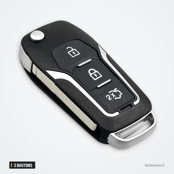 Coque de clé pliante 3 boutons pour Ford Focus 3, Fiesta, Mondeo, C-Max - vue de profil, lame visible