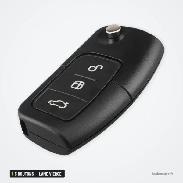 Coque de clé pliante 3 boutons pour Ford Focus, Fiesta, C-Max, Ka, lame vierge - vue de dessus, trois boutons ronds