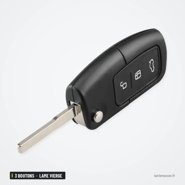 Coque de clé pliante 3 boutons pour Ford Focus, Fiesta, C-Max, Ka - lame dépliée, vue de face légèrement inclinée