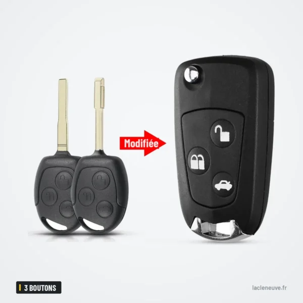 Coque de clé pliante 3 boutons pour Ford Focus, Fiesta, Mondeo, C-Max - lame vierge et clé pliante après transformation