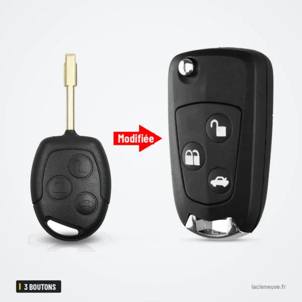 Coque de clé pliante 3 boutons pour Ford Focus, Fiesta, Mondeo, C-Max - clé droite avant, pliante et boutons après