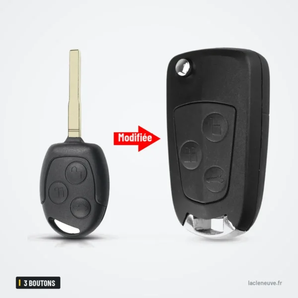 Coque de clé pliante 3 boutons pour Ford Focus, Fiesta, Mondeo, C-Max - clé avant et coque pliante chromée après