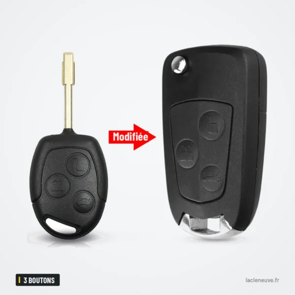 Coque de clé pliante 3 boutons pour Ford Focus, Fiesta, Mondeo, C-Max - clé avant et coque pliante avec boutons après