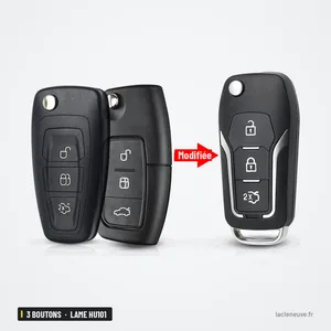 Coque de clé pliante 3 boutons pour Ford Focus, Mondeo, Fiesta, lame HU101 - trois versions côte à côte, boutons visibles Coque de clé pliante 3 boutons pour Ford Focus, Mondeo, Fiesta, lame HU101 - trois versions côte à côte, boutons visibles