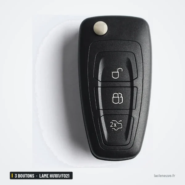 Coque de clé pliante 3 boutons pour Ford Focus, Mondeo, Fiesta, lame HU101/FO21 - vue de profil, clé repliée