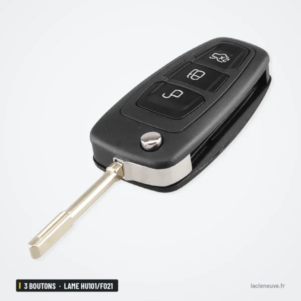 Coque de clé pliante 3 boutons pour Ford Focus, Mondeo, Fiesta, lame HU101/FO21 - clé dépliée, vue de trois quarts avec lame