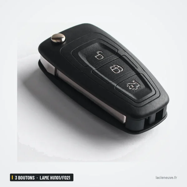 Coque de clé pliante 3 boutons pour Ford Focus, Mondeo, Fiesta, lame HU101/FO21 - vue de dessus, clé entrouverte