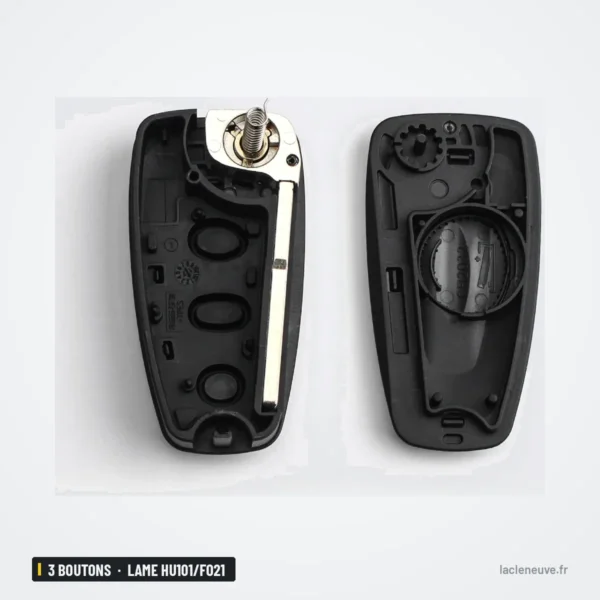 Coque de clé pliante 3 boutons pour Ford Focus, Mondeo, Fiesta, lame HU101/FO21 - coque ouverte, lame et mécanisme visibles