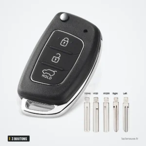Coque de clé pliante 3 boutons pour Hyundai Elantra, Santa Fe, HB20, Verna - clé dépliée, vue de face avec lame Coque de clé pliante 3 boutons pour Hyundai Elantra, Santa Fe, HB20, Verna - clé dépliée, vue de face avec lame