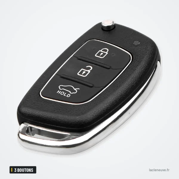 Coque de clé pliante 3 boutons pour Hyundai i10, i20, i30, i40 - vue de trois quarts, lame repliée