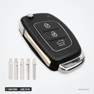 Coque de clé pliante 3 boutons pour Hyundai Solaris, ix35, ix45 - vue de face avec plusieurs lames détachées à côté Coque de clé pliante 3 boutons pour Hyundai Solaris, ix35, ix45 - vue de face avec plusieurs lames détachées à côté