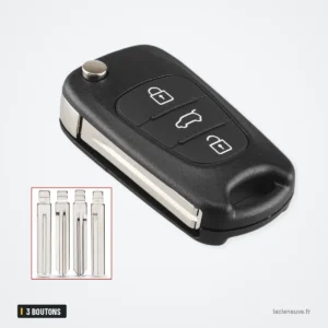 Coque de clé pliante 3 boutons pour Kia K2, K5, Rio 3, Hyundai - vue de face, lame repliée