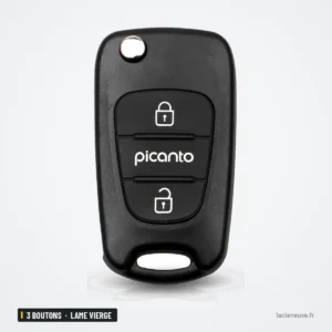 Coque de clé pliante 3 boutons pour Kia Picanto, lame vierge non taillée - vue de face, lame repliée, deux boutons