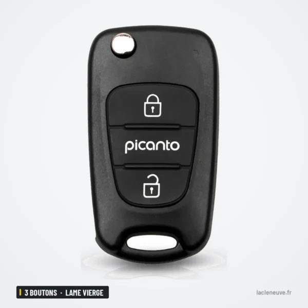 Coque de clé pliante 3 boutons pour Kia Picanto, lame vierge non taillée - vue de face, lame repliée, deux boutons