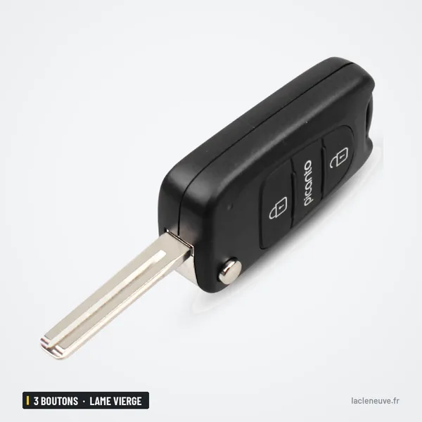 Coque de clé pliante 3 boutons pour Kia Picanto, lame vierge non taillée - vue de profil, lame dépliée, boutons visibles