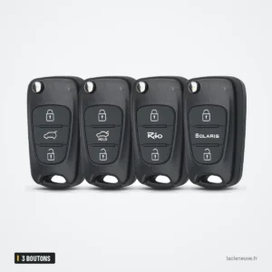 Coque de clé pliante 3 boutons pour Kia Rio, Sportage, Hyundai I30, Accent - quatre clés pliantes alignées, logos différents