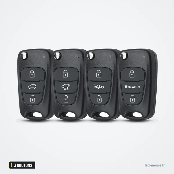 Coque de clé pliante 3 boutons pour Kia Rio, Sportage, Hyundai I30, Accent - quatre clés pliantes alignées, logos différents