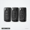 Coque de clé pliante 3 boutons pour Peugeot, Citroën, Fiat, lame HU83 ou VA2 - trois coques alignées, vue de face