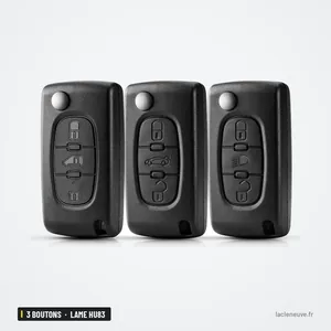 Coque de clé pliante 3 boutons pour Peugeot, Citroën, Fiat, lame HU83 ou VA2 - trois coques alignées, vue de face Coque de clé pliante 3 boutons pour Peugeot, Citroën, Fiat, lame HU83 ou VA2 - trois coques alignées, vue de face