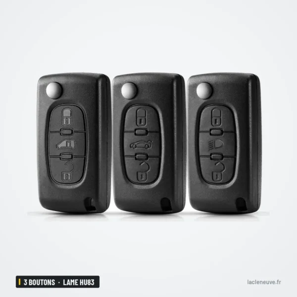 Coque de clé pliante 3 boutons pour Peugeot, Citroën, Fiat, lame HU83 ou VA2 - trois coques alignées, vue de face