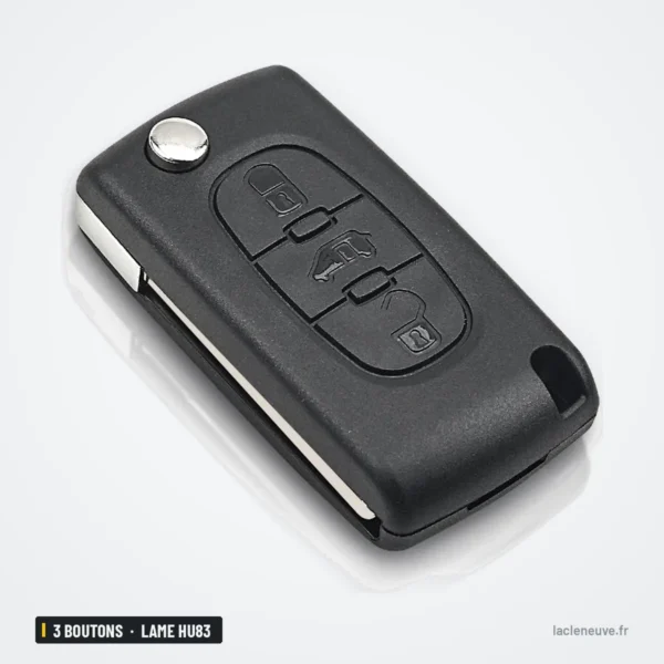 Coque de clé pliante 3 boutons pour Peugeot, Citroën, Fiat, lame HU83 ou VA2 - vue de face, trois boutons visibles
