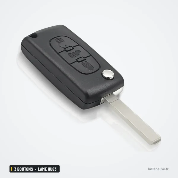 Coque de clé pliante 3 boutons pour Peugeot, Citroën, Fiat, lame HU83 ou VA2 - vue de face sous un angle incliné