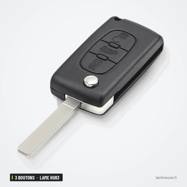Coque de clé pliante 3 boutons pour Peugeot, Citroën, Fiat, lame HU83 ou VA2 - lame dépliée, vue en volume