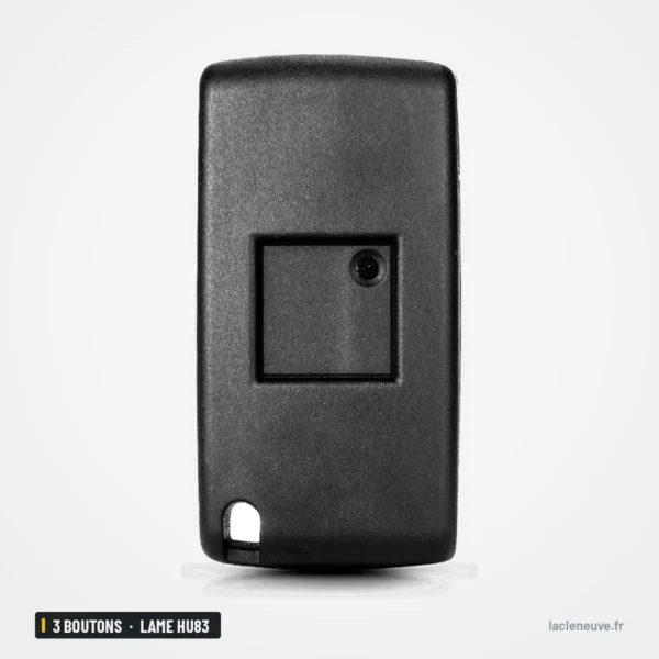 Coque de clé pliante 3 boutons pour Peugeot, Citroën, Fiat, lame HU83 ou VA2 - dos de la coque avec petite fenêtre