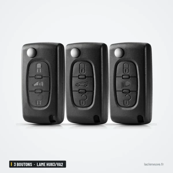Coque de clé pliante 3 boutons pour Peugeot, Citroën, Fiat, lame HU83/VA2 - trois coques différentes vue de dos