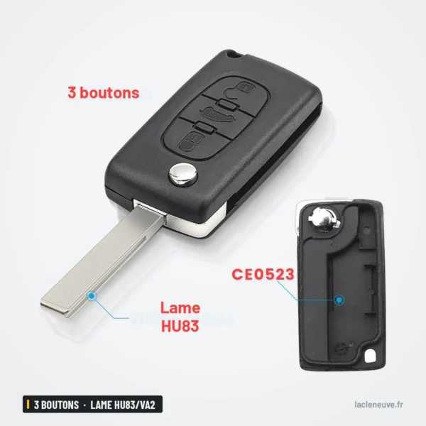 Coque de clé pliante 3 boutons pour Peugeot, Citroën, Fiat, lame HU83/VA2 - lame et coque arrière séparées, deuxième variante