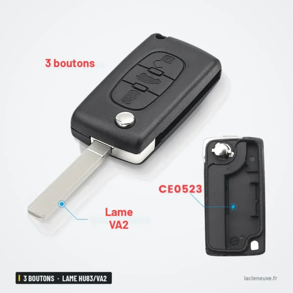 Coque de clé pliante 3 boutons pour Peugeot, Citroën, Fiat - lame et coque arrière séparées, troisième variante