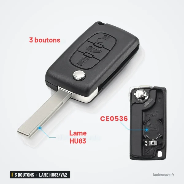 Coque de clé pliante 3 boutons pour Peugeot, Citroën, Fiat - lame et coque arrière séparées, quatrième variante